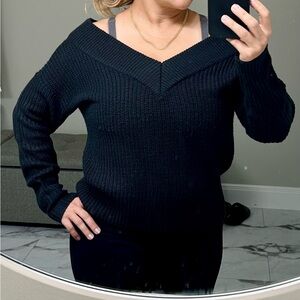 Black Off-the-Shoulder Sweater with Ribbed Knit Texture and Relaxed Fit